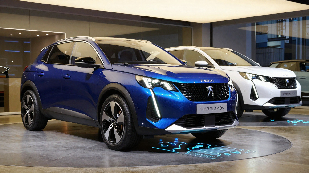 Dois SUVs Peugeot expostos em showroom, um azul e outro branco, com faróis acesos e placa Hybrid 48V.