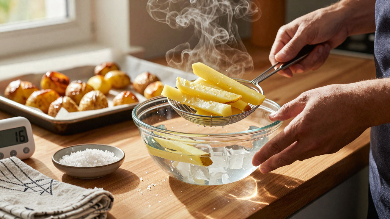 Mãos mergulhando batatas cozidas em água com gelo para interromper o cozimento na cozinha.