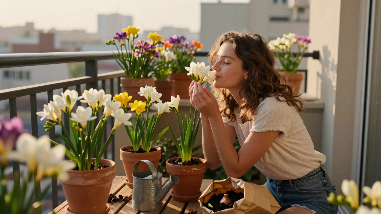 Jovem mulher sentada em varanda cheirando flor branca entre vasos com flores coloridas em dia ensolarado.