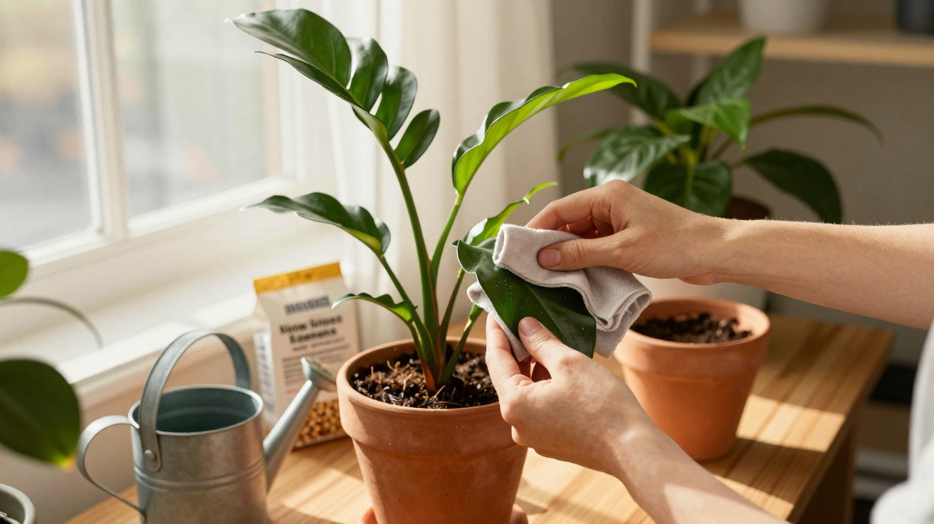 Mãos limpando folhas de planta em vaso de barro sobre mesa de madeira perto de janela ensolarada.