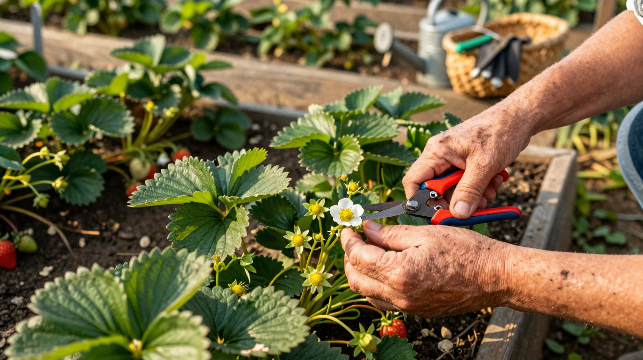 Mãos de idoso podando flores de planta de morango em canteiro de jardim com tesoura vermelha e azul.