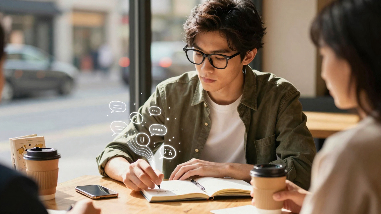 Jovem com óculos escrevendo em caderno em cafeteria, com ilustrações digitais de mensagens flutuando.