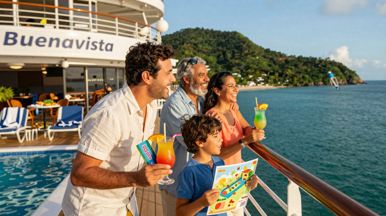Família sorridente apreciando a vista do mar e segurando bebidas coloridas em um navio chamado Buenavista.