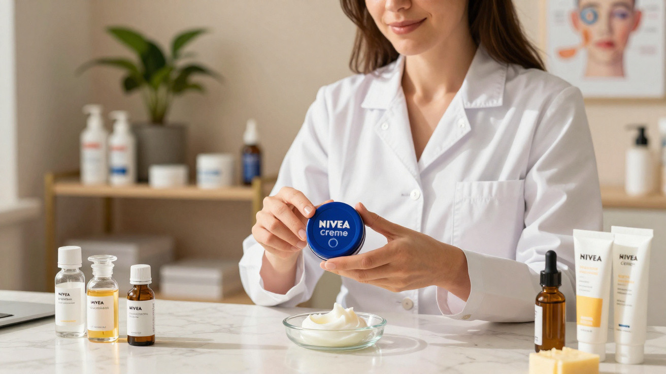 Mulher em jaleco branco segurando pote de creme Nivea em mesa com produtos de cuidados com a pele.
