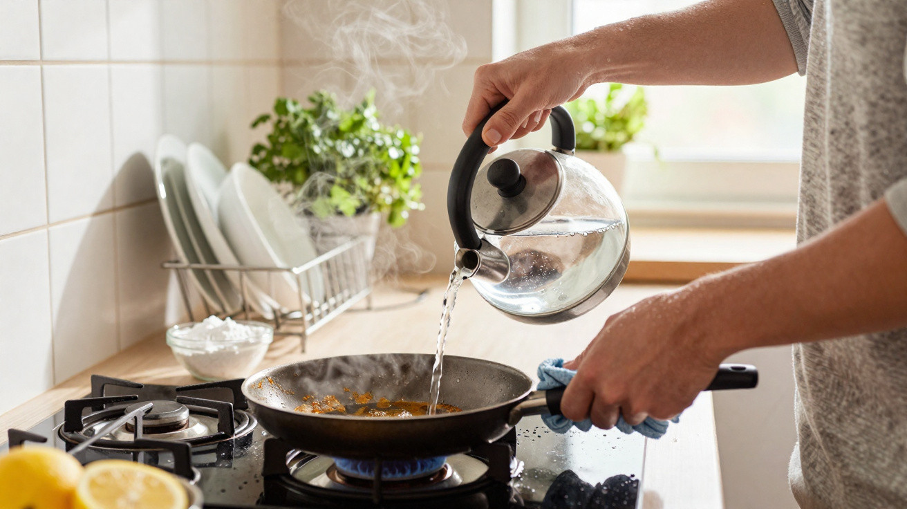 Pessoa despejando água quente de chaleira em frigideira no fogão em cozinha iluminada.