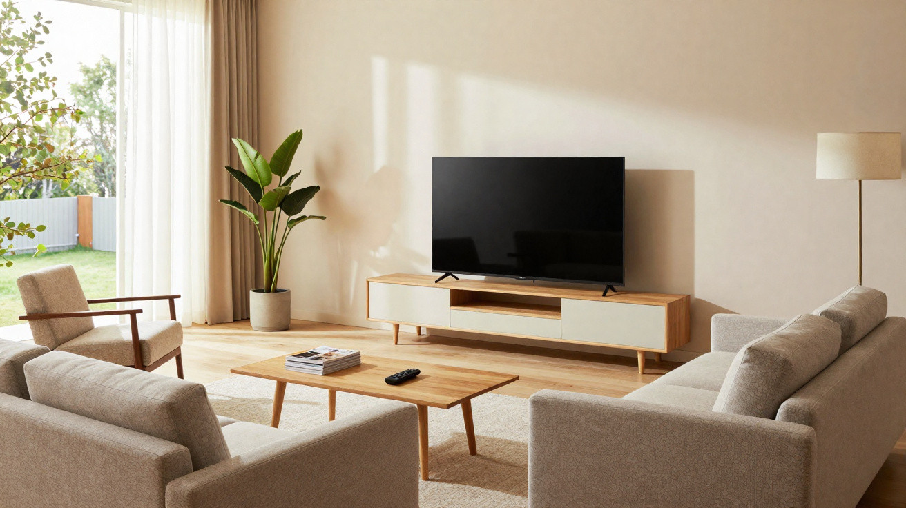 Sala de estar com sofá cinza, poltrona, mesa de centro em madeira, TV e planta junto à janela com cortina.