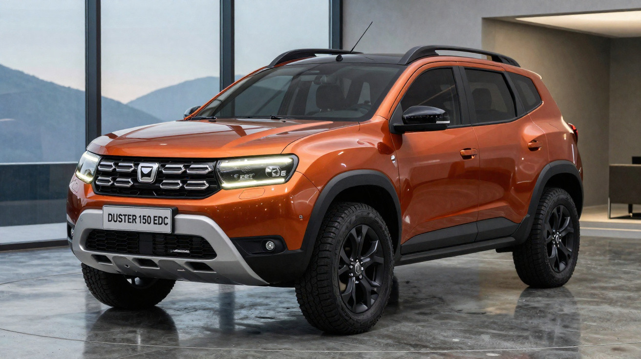 SUV Duster 150 EDC laranja estacionado em ambiente interno com chão de cimento e janelas grandes.