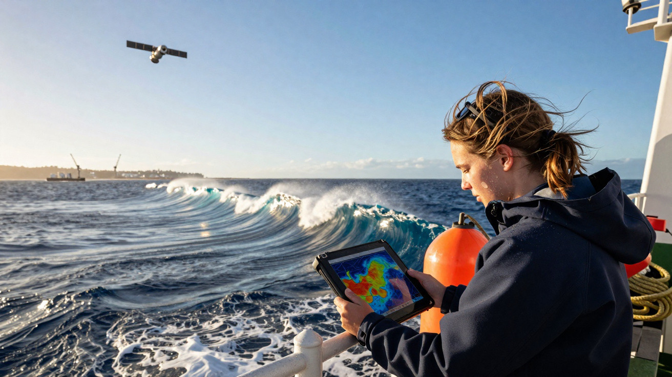 Mulher em navio monitorando dados oceanográficos em tablet com ondas e satélite no céu ao fundo.