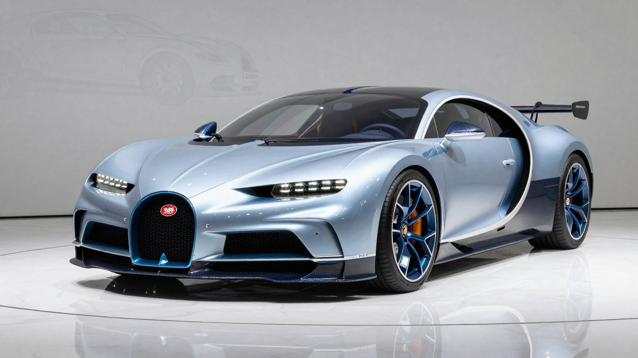 Carro esportivo Bugatti Chiron azul metálico com detalhes em preto e rodas azuis, vista lateral frontal.