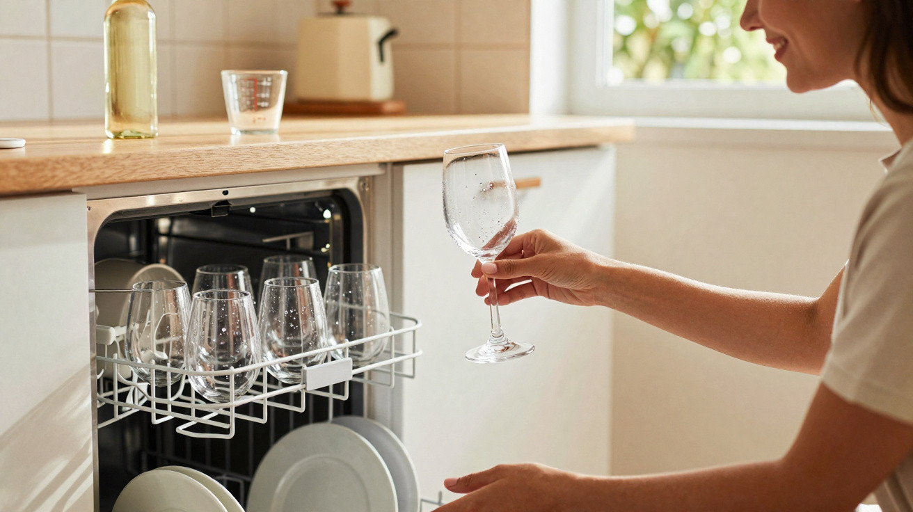 Pessoa retirando taça de vidro limpa de lava-louças em cozinha clara e organizada.