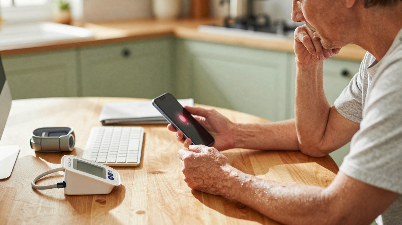 Pessoa idosa usando celular sentada à mesa com monitor de pressão, teclado e smartwatch ao lado.