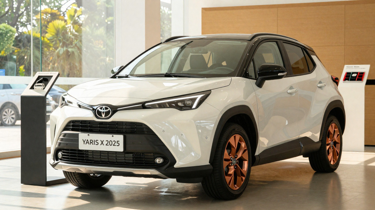 Carro SUV Toyota Yaris X 2025 branco com teto preto em showroom iluminado.