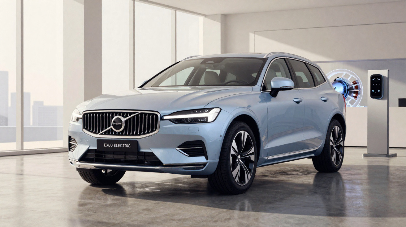 Carro Volvo EX60 Electric azul claro estacionado em ambiente interno com parede branca e piso cinza refletivo.