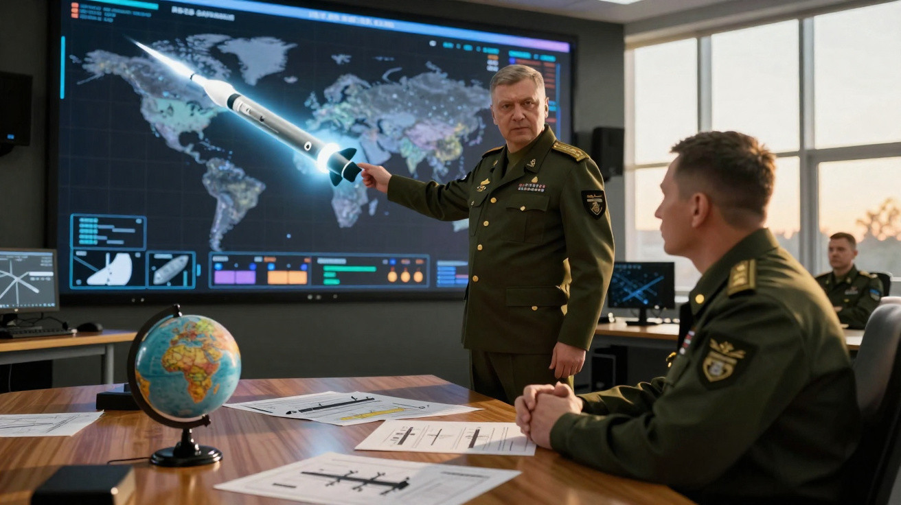 Oficiais militares em sala de comando analisam mapa mundial com simulação de foguete na tela grande.