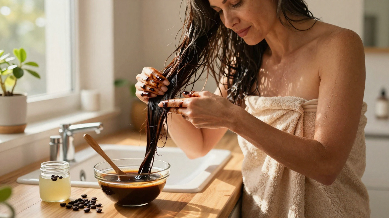 Mulher aplicando tratamento capilar caseiro com ingredientes naturais na cozinha, cabelo molhado e enrolado em toalha.