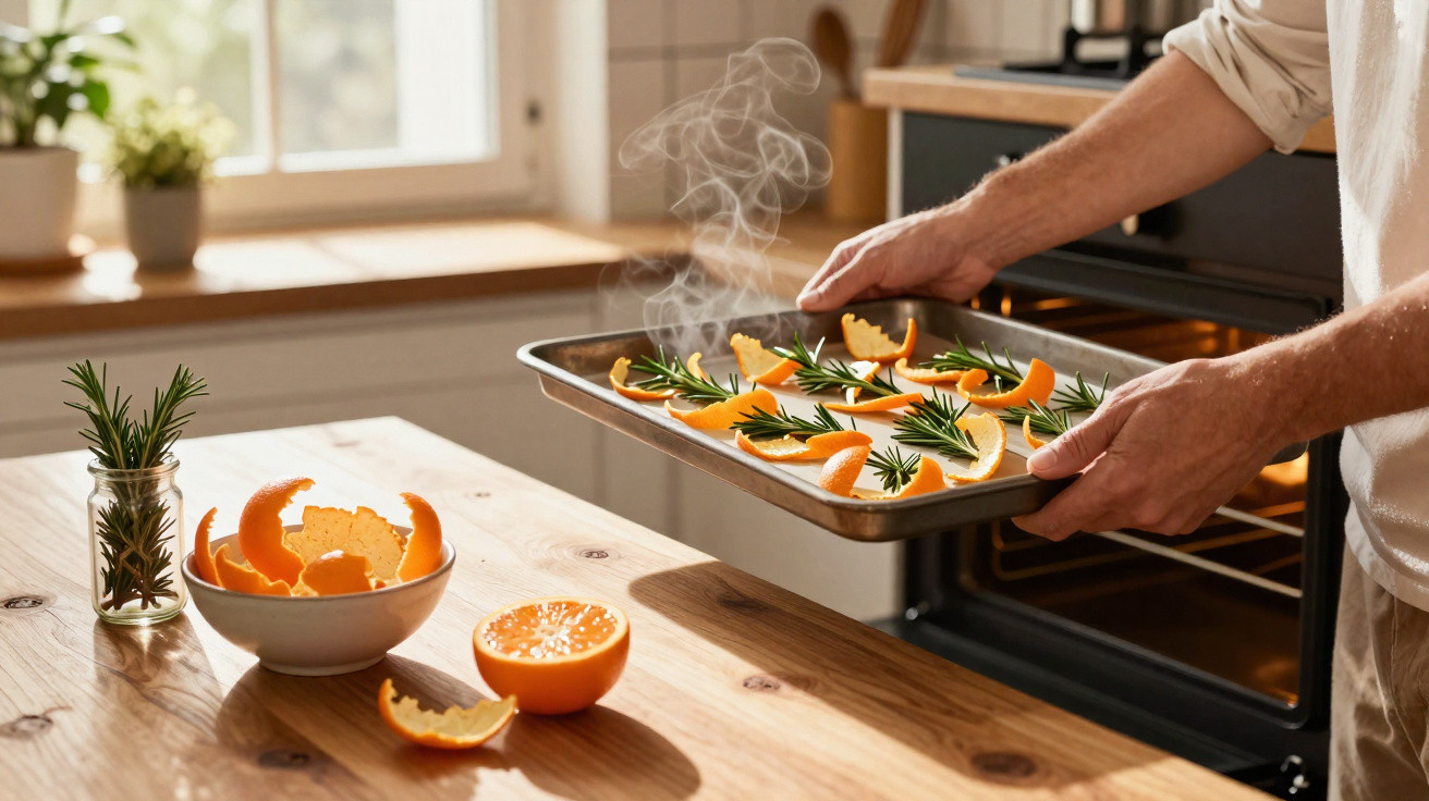 Pessoa tirando do forno uma assadeira com fatias de laranja e ramos de alecrim na cozinha iluminada.