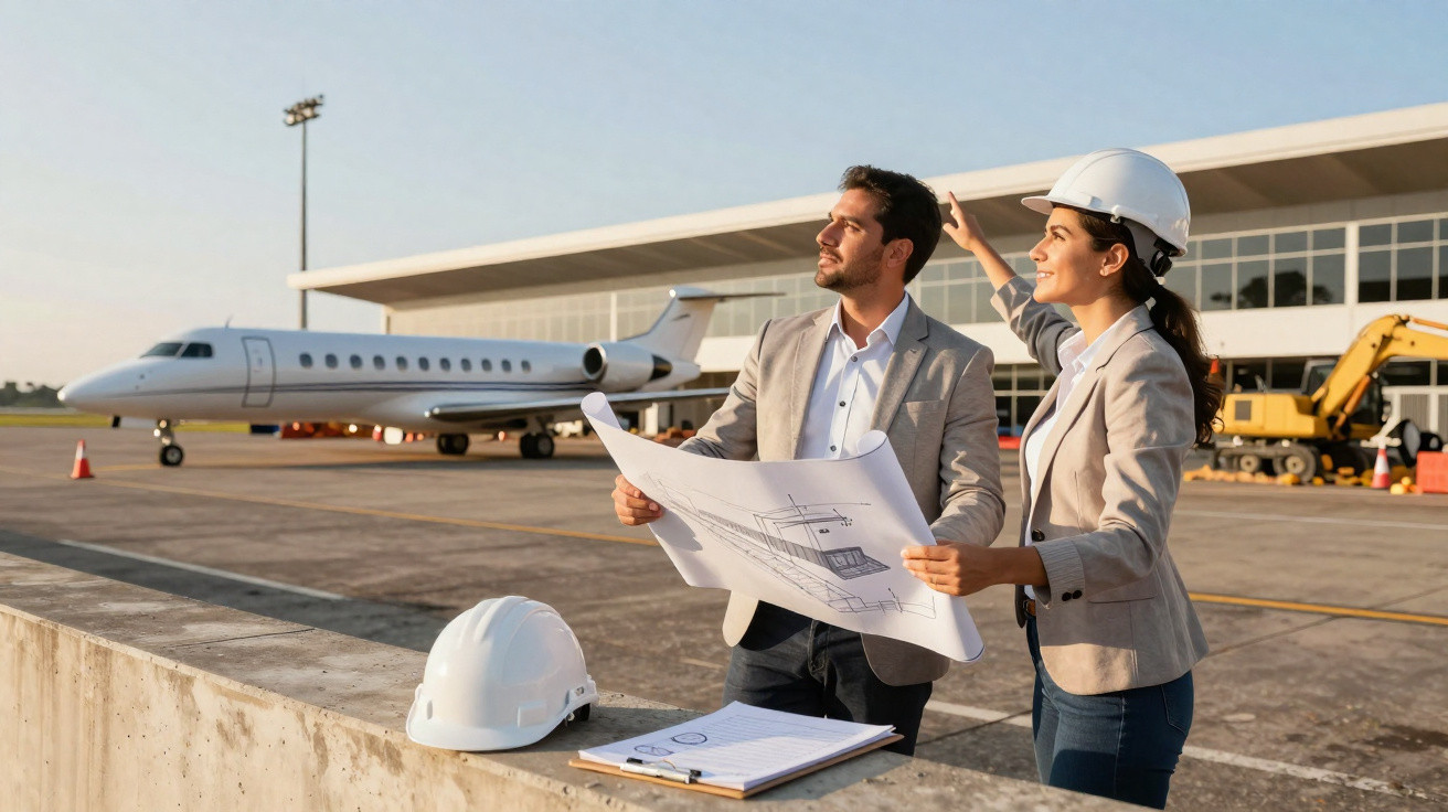 Dois engenheiros com capacetes e plantas analisam projeto em aeroporto com avião particular ao fundo.