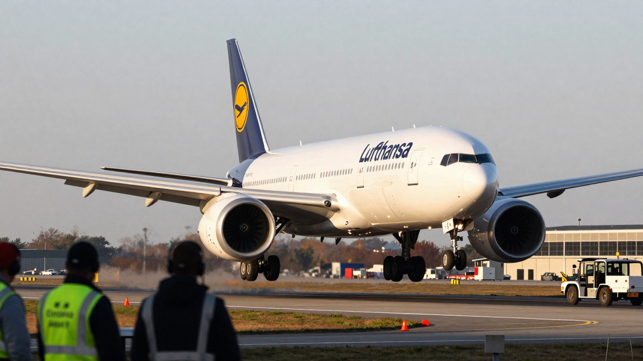 Avião da Lufthansa pousando com trabalhadores observando na pista do aeroporto ao entardecer.