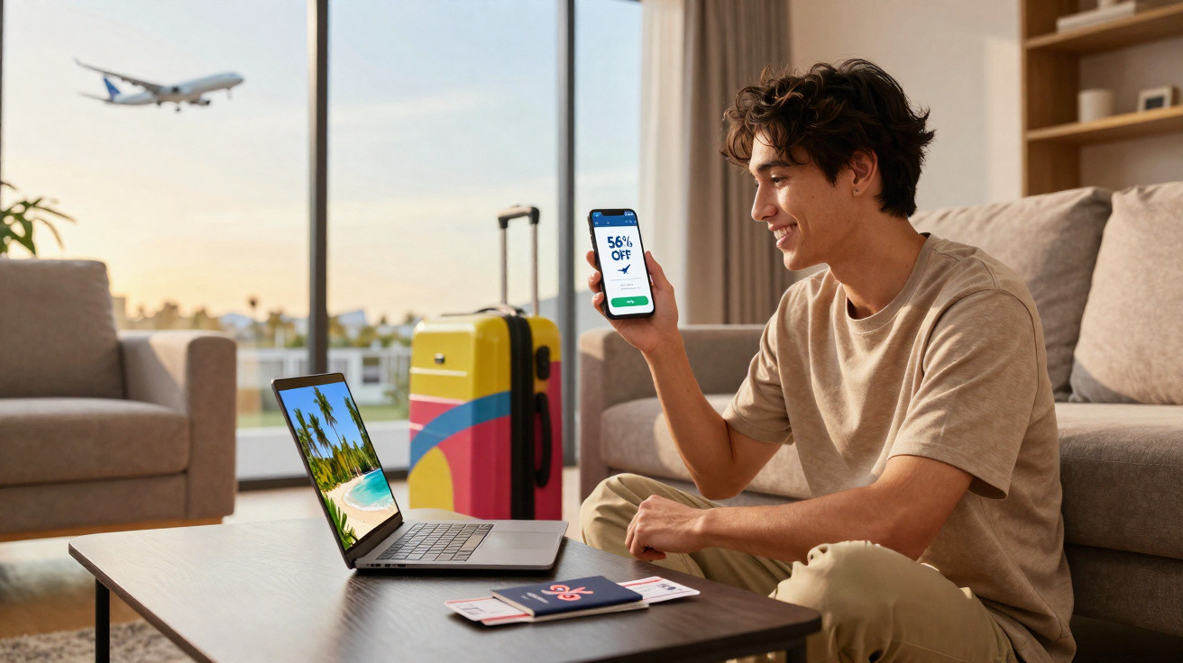 Jovem sentado no sofá, segurando celular com desconto de voo, laptop aberto e mala colorida ao fundo.