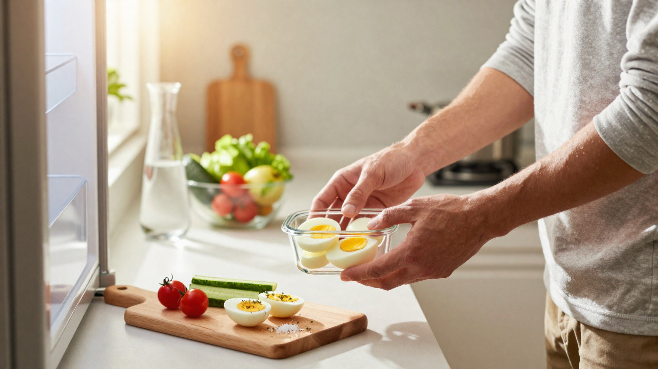 Pessoa segurando recipiente com ovos cozidos na cozinha, ao lado de tábua com legumes e ovos cortados.