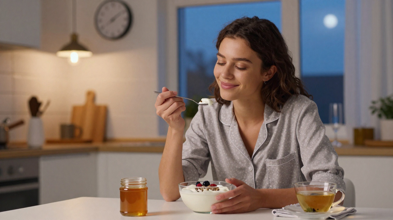 Mulher sorrindo tomando café da manhã com iogurte, frutas e mel em cozinha ao anoitecer.