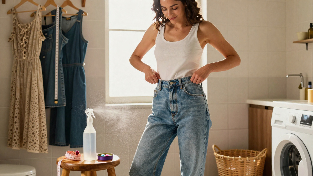Mulher experimentando calça jeans em lavanderia, com roupas penduradas e máquina de lavar ao fundo.