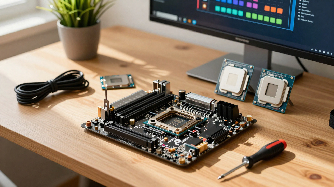 Placa-mãe, processadores, cabo e chave de fenda sobre mesa de madeira em ambiente com monitor e planta.