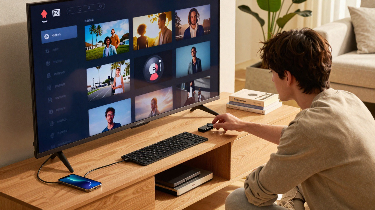 Homem sentado operando dispositivo conectado à TV que exibe menu com fotos e ícones.