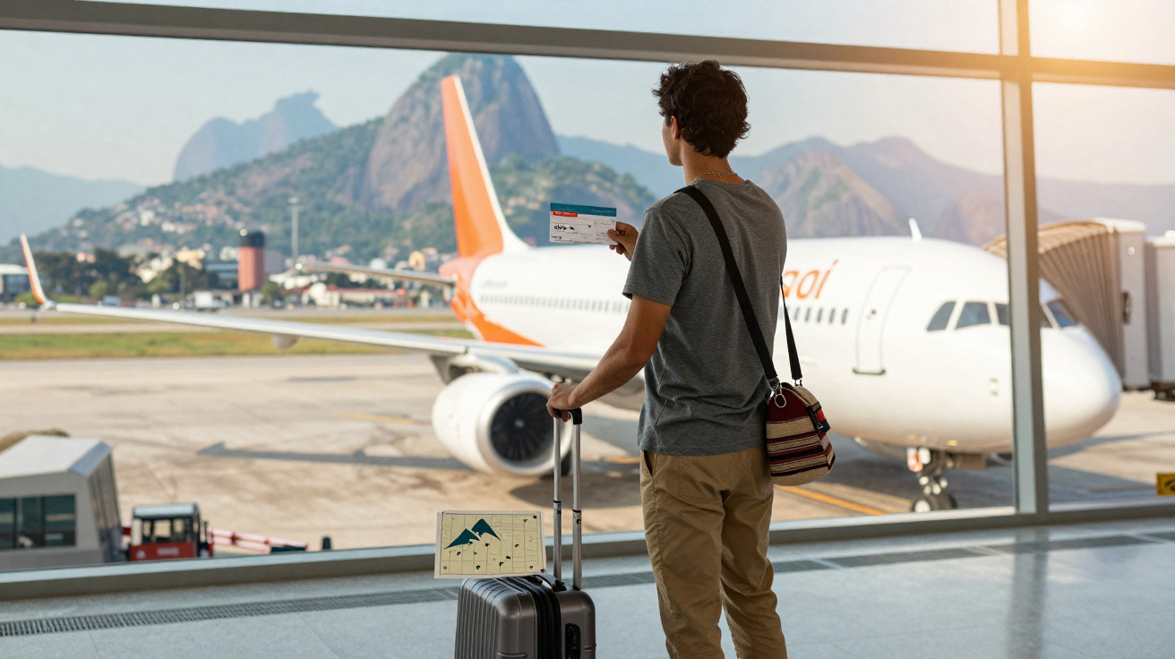 Homem com bagagem observa avião na janela do aeroporto com o Pão de Açúcar ao fundo.