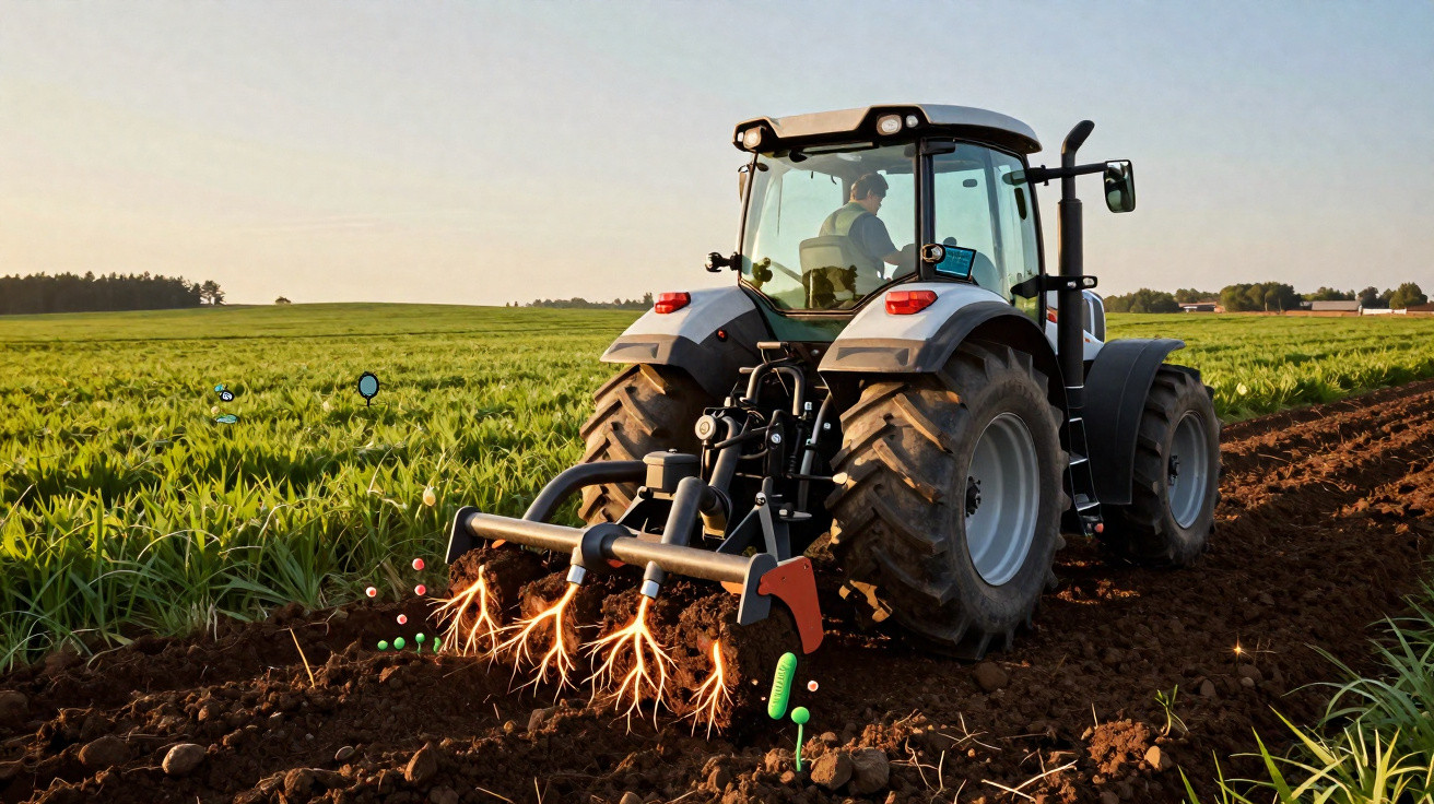 Trator agrícola arando campo ao pôr do sol com raízes e partículas coloridas ilustrando o solo.
