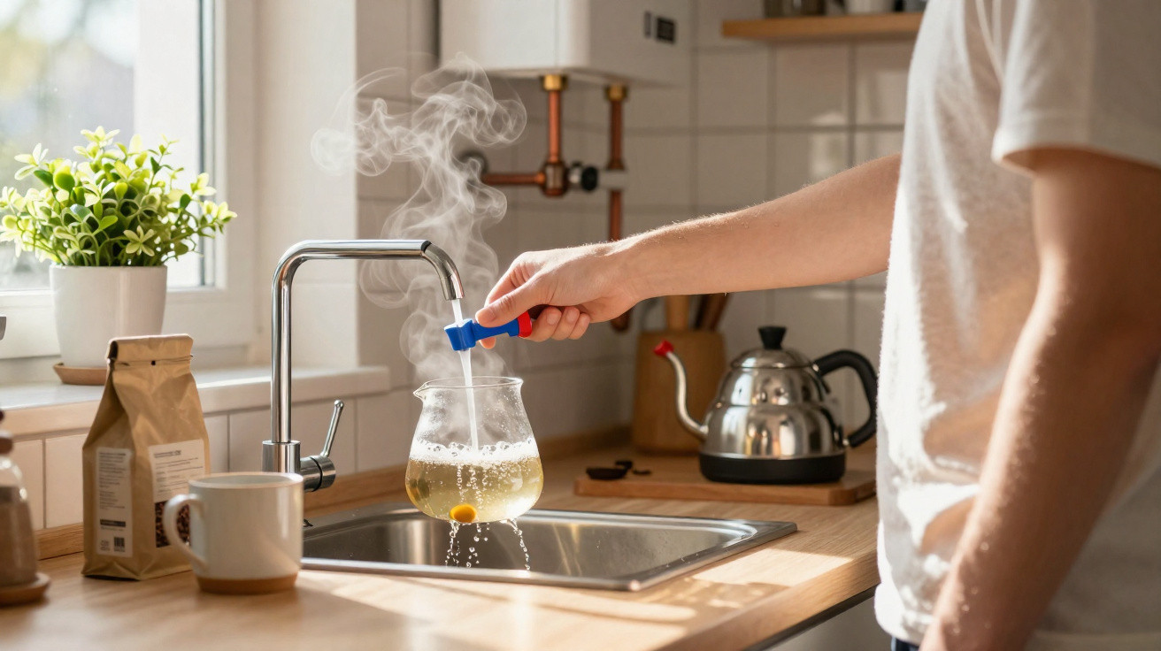 Pessoa enche bule de vidro com água quente na cozinha iluminada por luz natural.