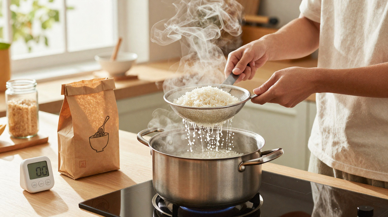 Pessoa escorrendo arroz cozido em peneira sobre panela com vapor no fogão da cozinha iluminada.