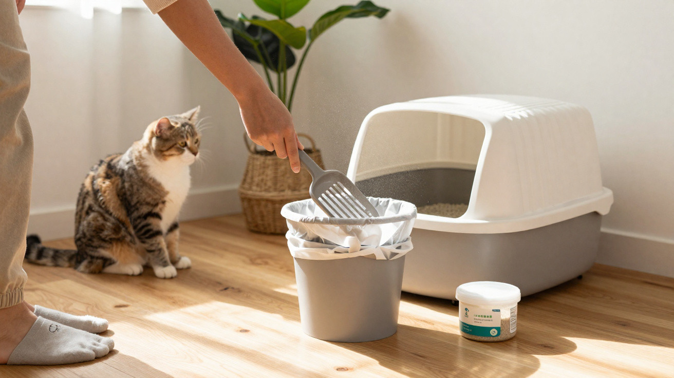 Pessoa limpando caixa de areia de gato com pá e descartando resíduos em lixeira pequena dentro de casa.