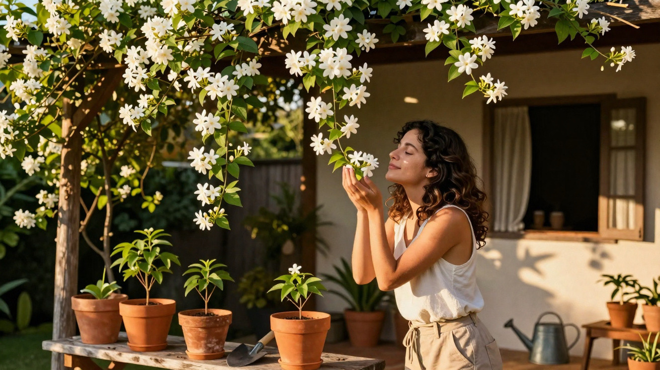 Mulher acariciando flores brancas em pergolado com vasos e regador ao fundo em jardim ensolarado.