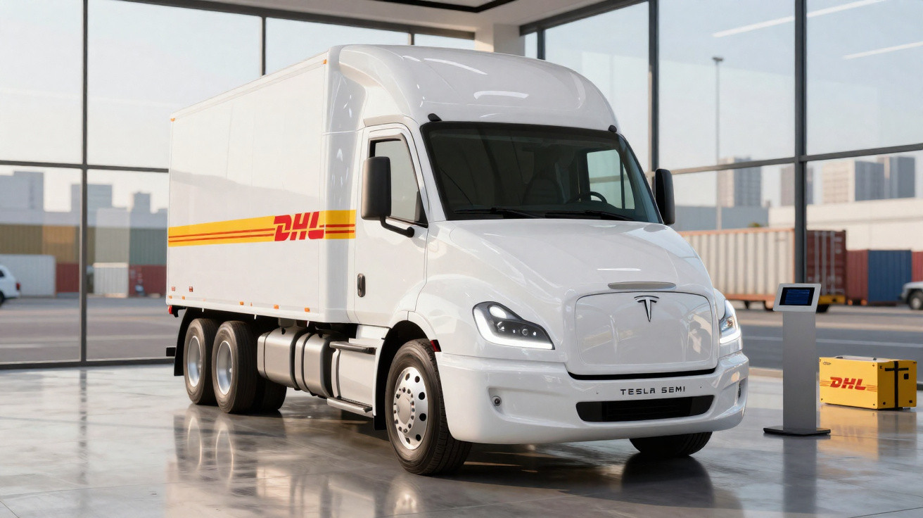Caminhão elétrico Tesla Semi branco com logotipo DHL estacionado em ambiente industrial moderno.