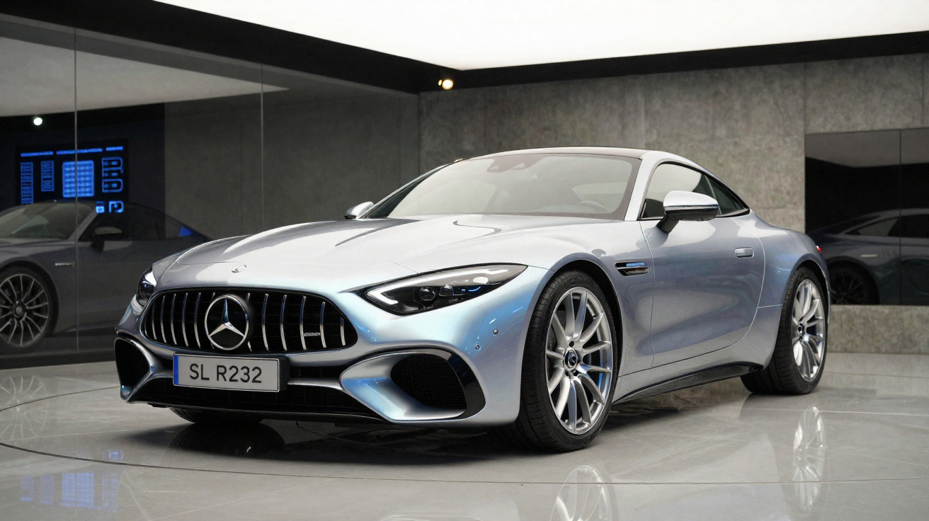 Carro esporte Mercedes-Benz prata estacionado em showroom com piso e paredes cinza.