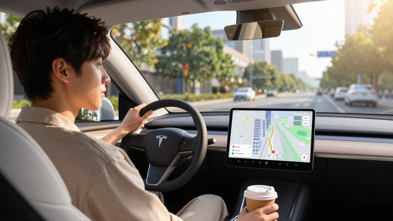 Pessoa dirigindo carro Tesla com navegação GPS na tela central e segurando copo de café.