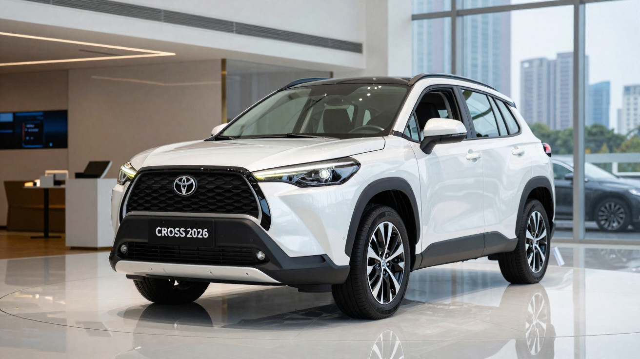 SUV branco Toyota Cross 2026 exibido em showroom moderno com janela e prédios ao fundo.