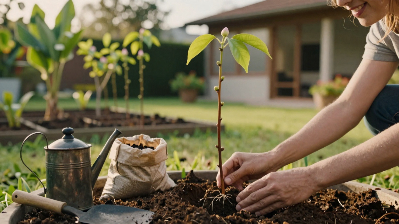 Pessoa plantando muda em jardim com regador, pá e saco de terra ao lado durante o dia.