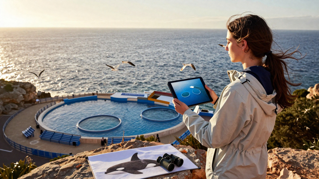 Mulher com tablet observa orcas em piscina circular próxima ao mar ao pôr do sol.