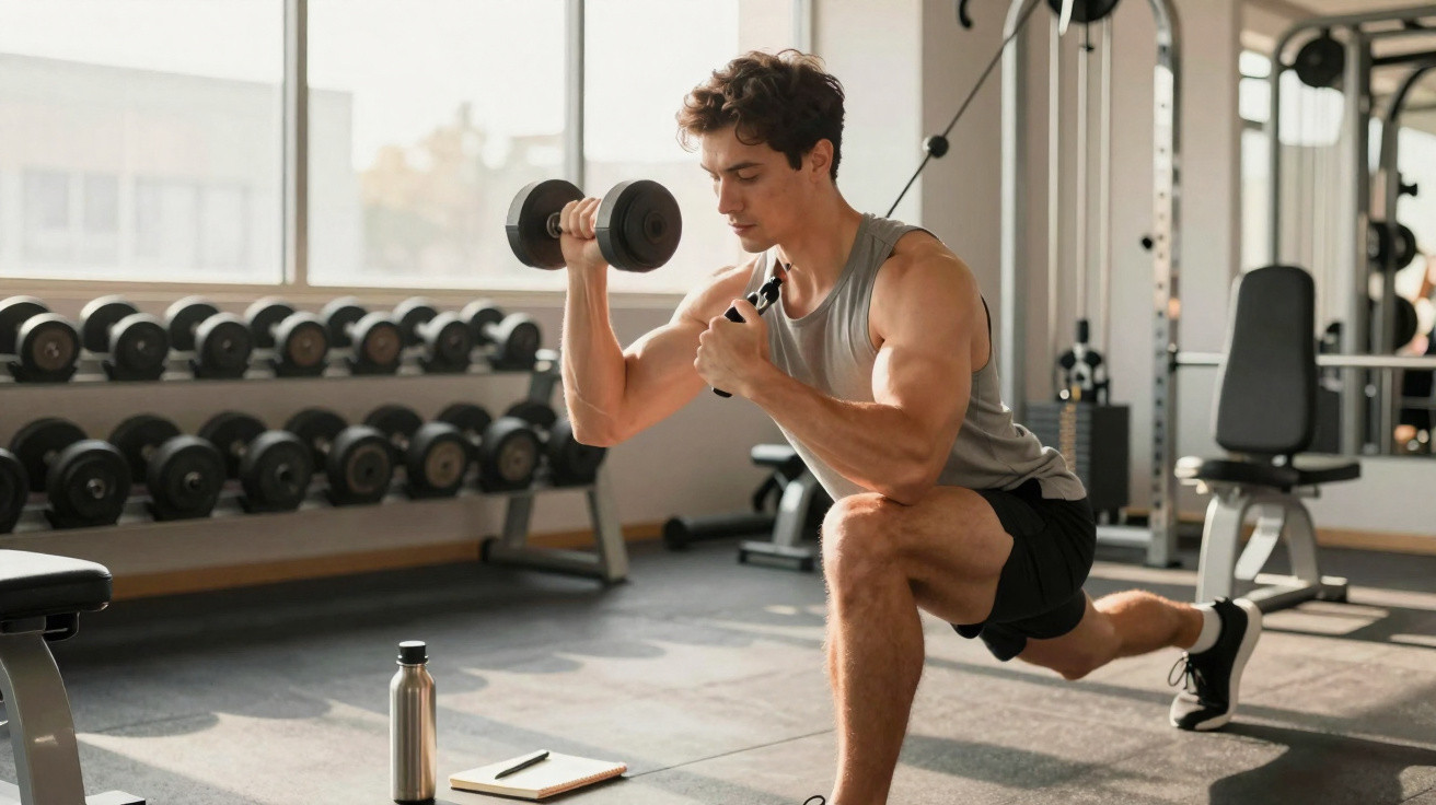 Homem fazendo afundo com halter na academia, ao lado de garrafa e bloco de anotações no chão.