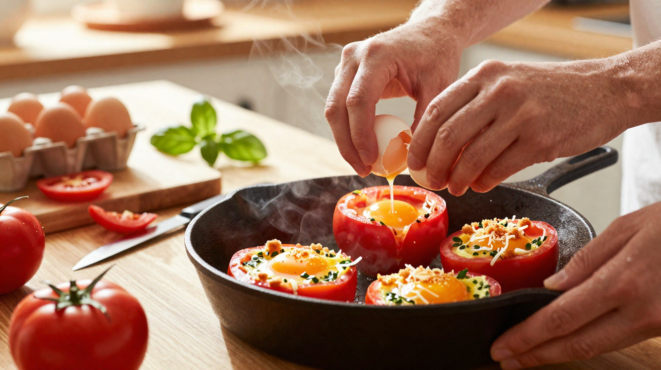 Mãos quebrando ovos dentro de tomates recheados em frigideira, ao lado de ovos, tomates e manjericão na bancada.