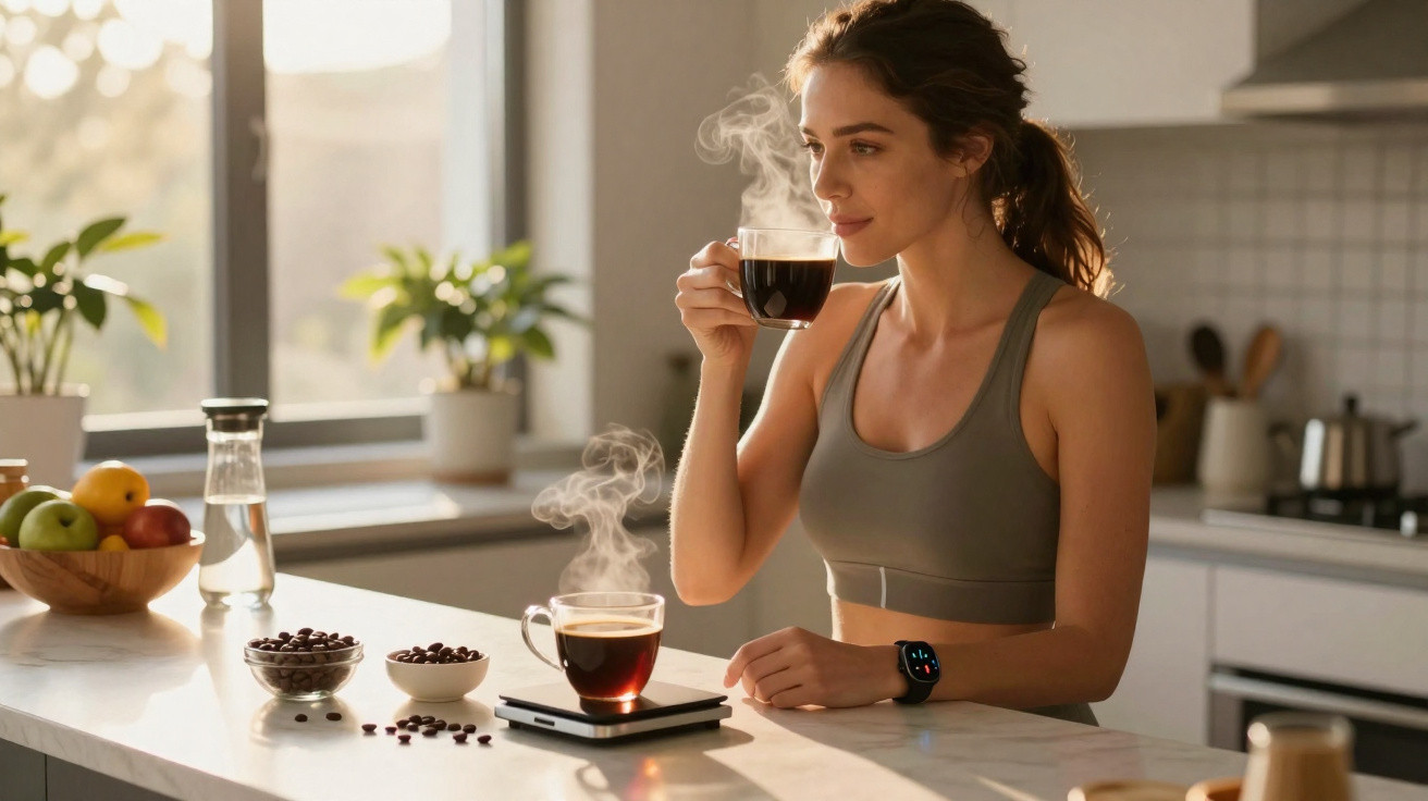 Mulher com roupa esportiva bebendo café quente em copo transparente na cozinha iluminada pela manhã.