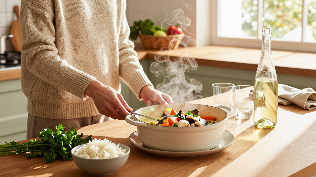 Pessoa servindo sopa quente com legumes em panela, ao lado de tigela de arroz e ervas frescas na cozinha.