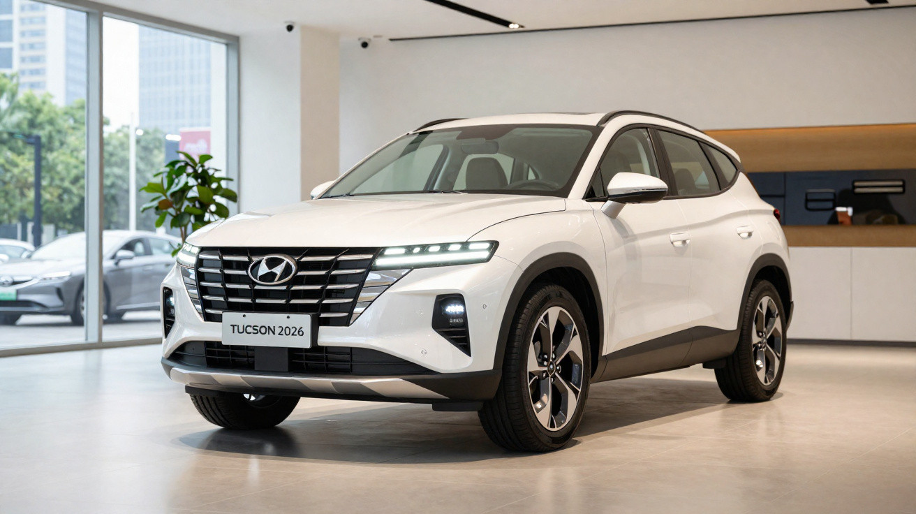 SUV Hyundai Tucson 2026 branco em exposição dentro de showroom moderno e iluminado.