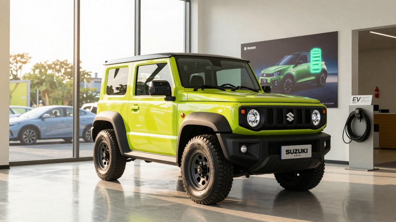 Carro Suzuki Jimny verde em exposição, ao lado de carregador de veículo elétrico em showroom.