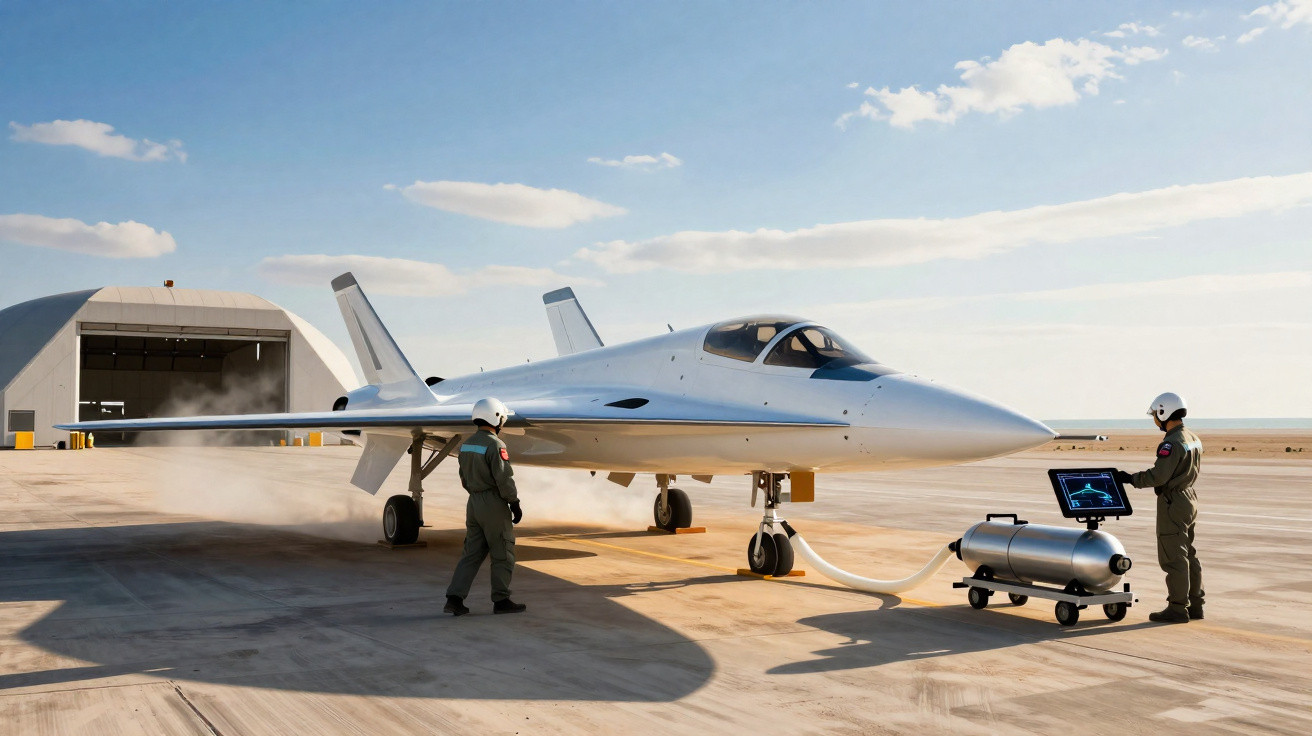 Avião não tripulado futurista branco em pista com dois pilotos em uniforme e capacete realizando manutenção.