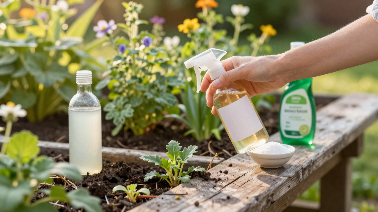 Mão segurando borrifador em jardim de flores com fertilizante e sal em tigela sobre madeira.