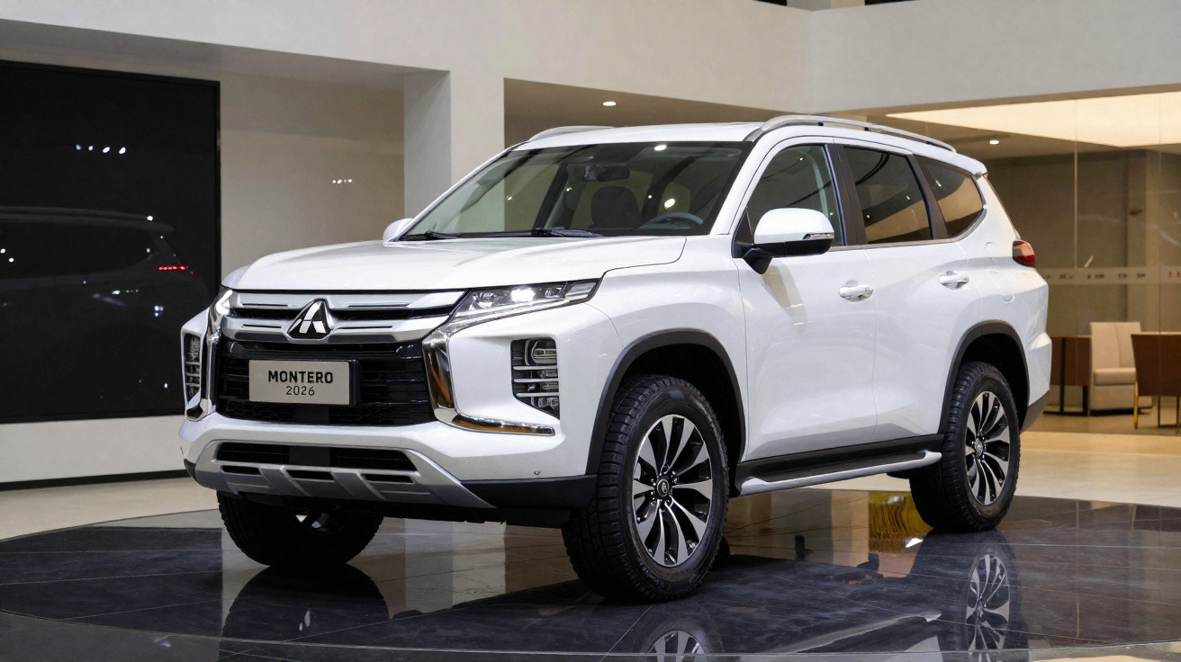 SUV Mitsubishi Montero 2026 branco exibido em ambiente interno com piso brilhante e iluminação moderna.