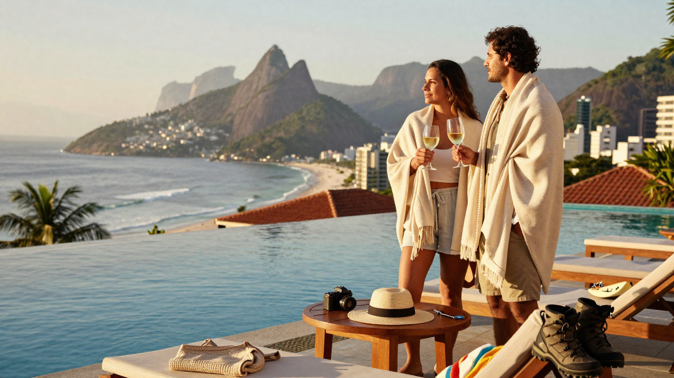 Casal brindando com taças de vinho ao lado de piscina com vista para praia e montanhas ao fundo.